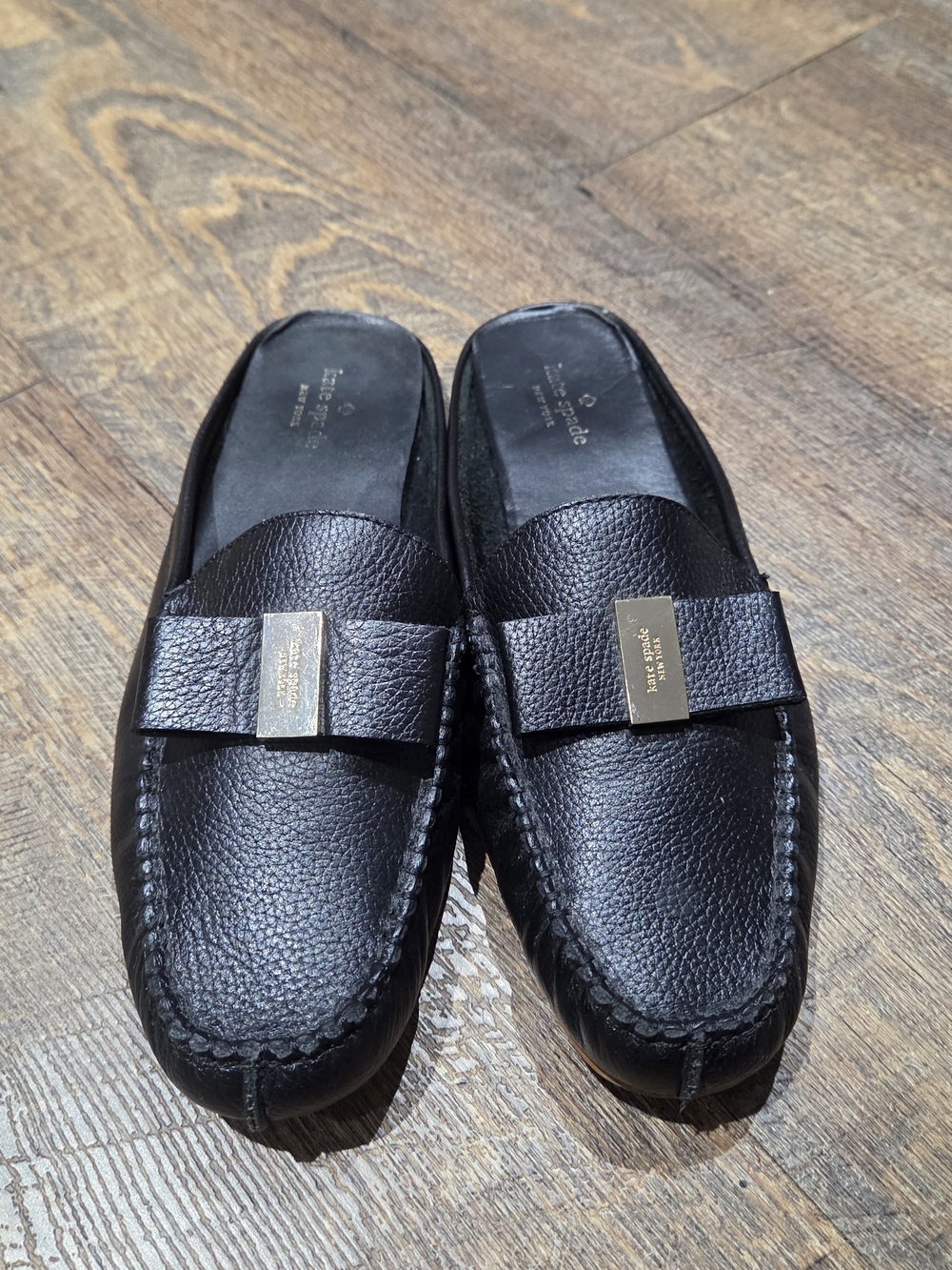 kate spade Black Pebbled Leather Loafers with Gold Accent
